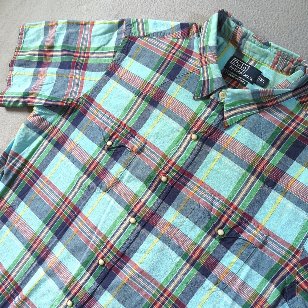 VTG Polo Ralph Lauren Classic Western Shirt Mens XL Madras Plaid Pearl Snap
